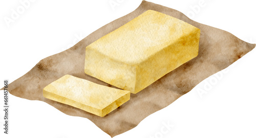 Watercolor butter illustration. Hand drawn sliced stick of butter on parchment paper isolated on transparent background. Cooking and baking ingredient sketch. Fresh dairy farm product