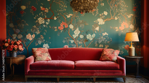 A living room with a red couch and floral wallpaper photo