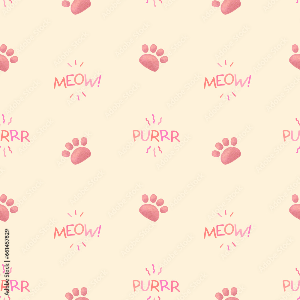 Cat paws seamless pattern. Meow and purr lettering
