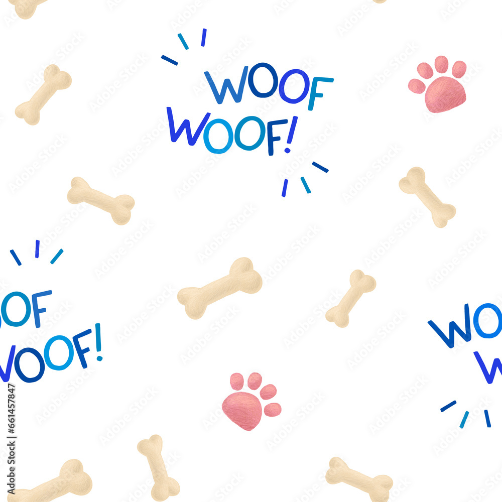 Dog paw prints, bones and woof-woof lettering seamless pattern. Isolated on white background Dog paw prints, bones and woof-woof lettering seamless pattern. Isolated on white background