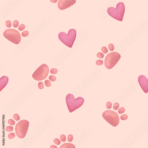 Paw print pattern. Pink cat foot steps and hearts on beige background. Seamless pattern, hand drawn illustration.