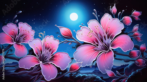 Abstract beautiful pink flowers in the night under  the stars and moon background illustration photo