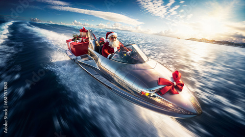 Santa claus riding a futuristic silver boat, christmas gifts delivery concept, fun photo