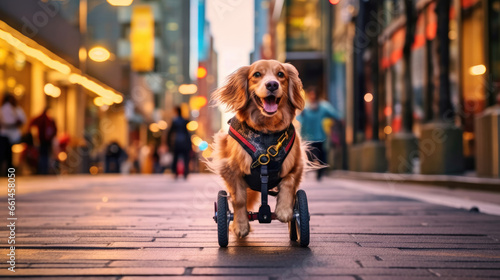 A Happy dog with a disabled leg using a wheelchair for a walk around the vet clinic