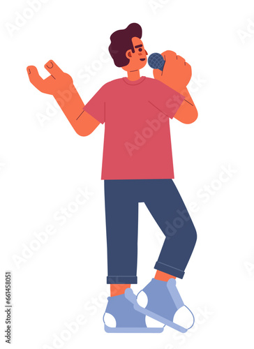 Hispanic adult man speaking into microphone 2D cartoon character. Latin american male holding mic isolated vector person white background. Latino stand up comedian color flat spot illustration