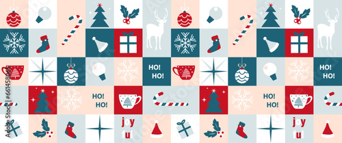 Christmas holiday icon elements with geometric seamless pattern design. Modern bauhaus style Christmas and Happy New Year decoration red, white, blue and pink color background