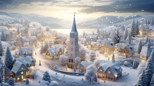 Christmas winter fairy village landscape, Greetings card style snowy Christmas village scene © MD Media