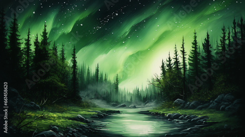 A painting of a forest with a green aurora bore