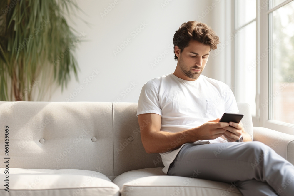 Man sofa caucasian technology lifestyle person sitting young modern casual home smartphone male adult Man sofa caucasian technology lifestyle person sitting young modern casual home smartphone male adult