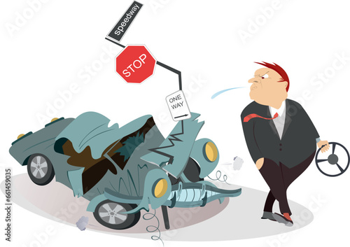 Man has got into a road accident. 
Annoyed man spitting to the car which crashed into the road sign
