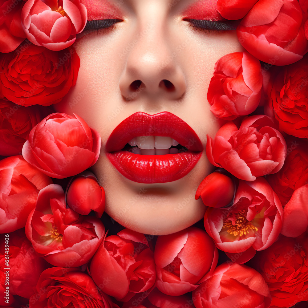 Face of a beautiful woman with pouty lips with red lipstick framed with bright scarlet flowers peonies roses petals. Fashion makeup skin care menstruation female health concept - obrazy, fototapety, plakaty 