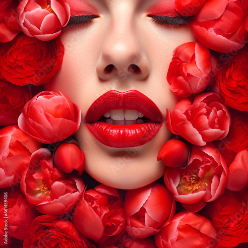 Face of a beautiful woman with pouty lips with red lipstick framed with bright scarlet flowers peonies roses petals. Fashion makeup skin care menstruation female health concept