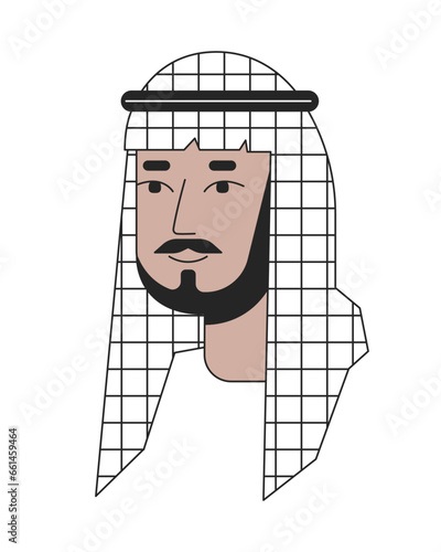Bearded saudi man wearing keffiyeh 2D linear cartoon character head. Middle eastern male shemagh isolated line vector person face white background. Traditional arab man color flat spot illustration