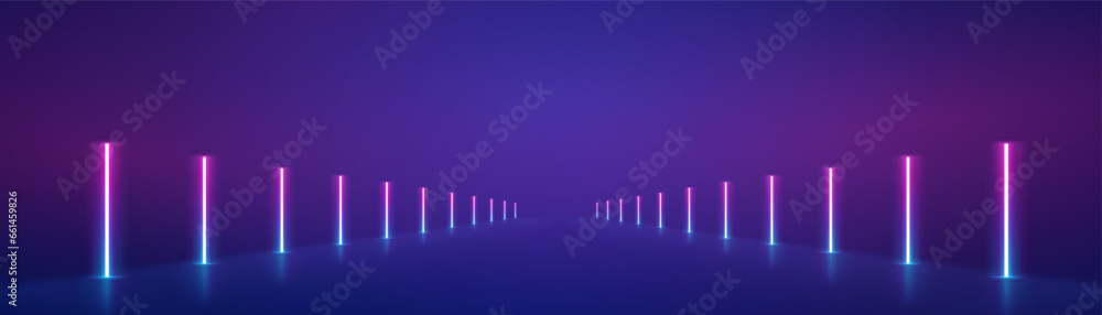 Neon lights frame, tunnel corridor portal. The geometric contour of the glow forms laser luminous lines. Vector background of road illuminates glowing light line with neon lamp in futuristic style. - obrazy, fototapety, plakaty 