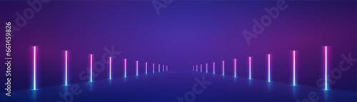 Neon lights frame, tunnel corridor portal. The geometric contour of the glow forms laser luminous lines. Vector background of road illuminates glowing light line with neon lamp in futuristic style.