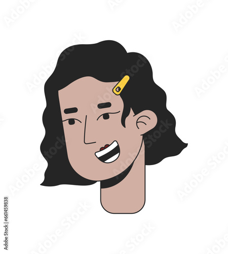 Smiling latina girl wavy bob with hair clip 2D linear cartoon character head. Hispanic young adult isolated line vector person face white background. Brunette bob color flat spot illustration