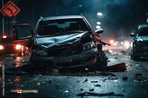 Car accident. A car being torn to pieces on the side of urban road. The dangers of speeding and drunk driving. Life, liability and property insurance © Stavros
