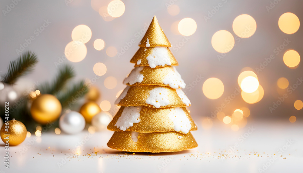 Gold christmas tree, golden winter decorations on white background with empty copy space for text. New year and christmas postcard Gold christmas tree, golden winter decorations on white background with empty copy space for text. New year and christmas postcard
