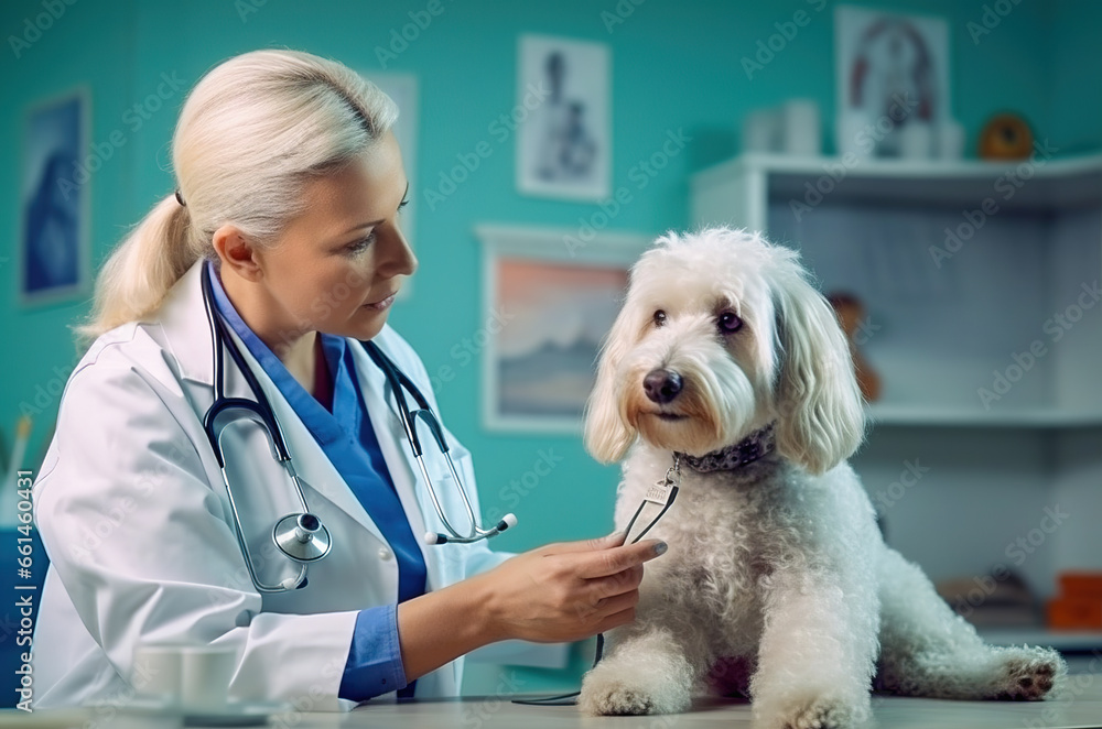 A female veterinarian examines a dog at the clinic. A female veterinarian examines a dog at the clinic.
