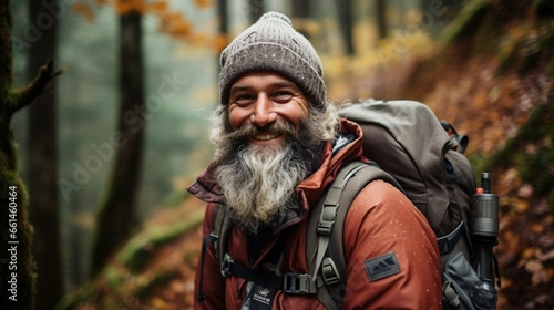 Happy mature backpacker in an autumn forest 