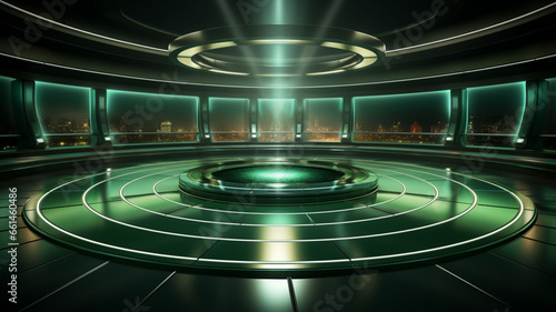 3D Rendered VR Stage TV Show: Mesmerizing Neon Green Lights, Cutting-Edge High-Tech Green Screen Stage with Wide-Angle Panoramic Views, Captivating Screen Shots, and Electrifying Lighting 