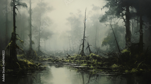 A painting of a swampy lake with trees