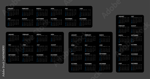 Black full year calendar templates for the year 2024 (starts sunday)