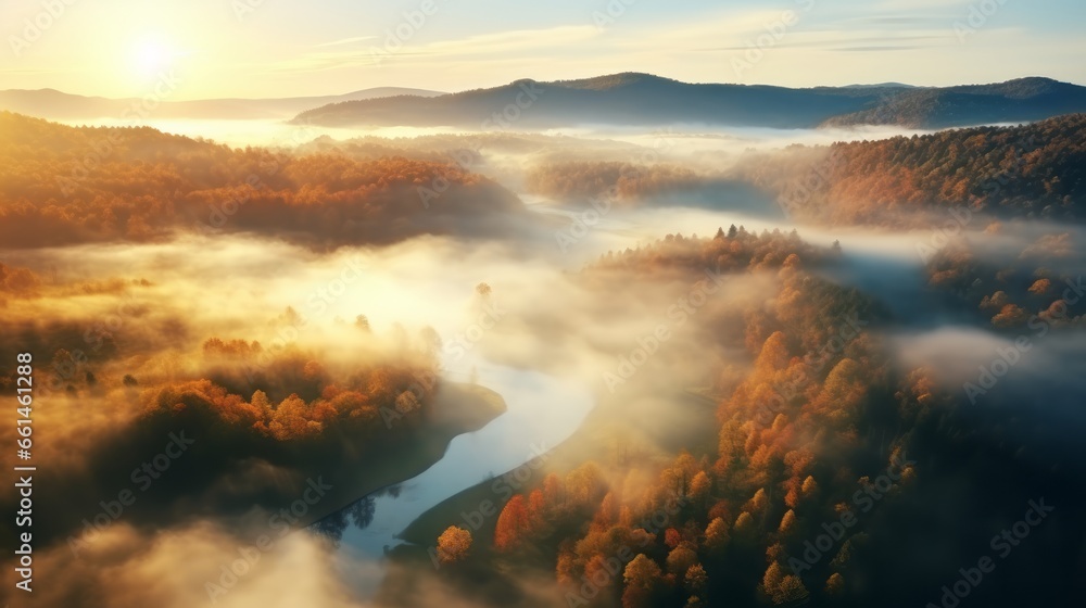 Obraz premium An aerial view of the forest with the sun behind the mist all around, colored autumnal trees in the morning light.