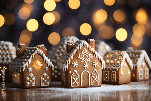 Gingerbread houses on wooden table with festive bokeh background