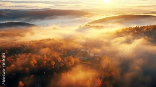 An aerial view of the forest with the sun behind the mist all around  colored autumnal trees in the morning light.