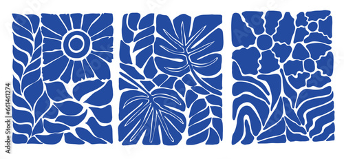 Blue abstract flowers and leaves posters. Minimalist floral art prints inspired by Matisse, doodle-like design. Vector illustration isolated on transparent background.