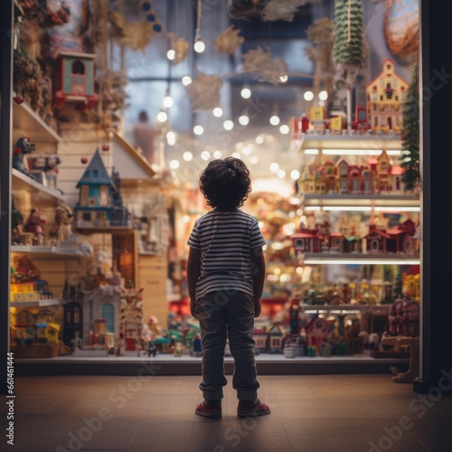 Small child looking at a colorful window shopping.