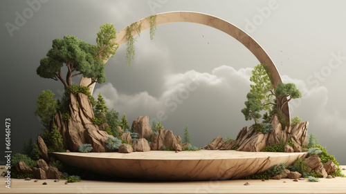 3D Rendered Round Big Stone Stage and Arch Featuring Natural Stone and Lush Green Trees, Set Against the Vast Blue Sky - A Majestic Display of Nature's Beauty and Architectural Grandeur in a Stunning 