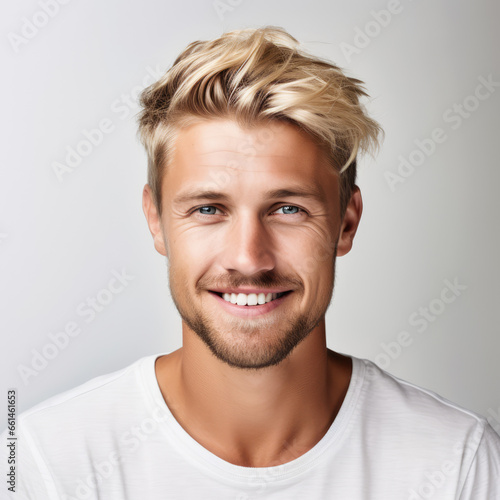 a closeup photo portrait of a handsome blonde scandinavian man smiling with clean teeth. for a dental ad. guy with fresh stylish hair with strong jawline. isolated on white background