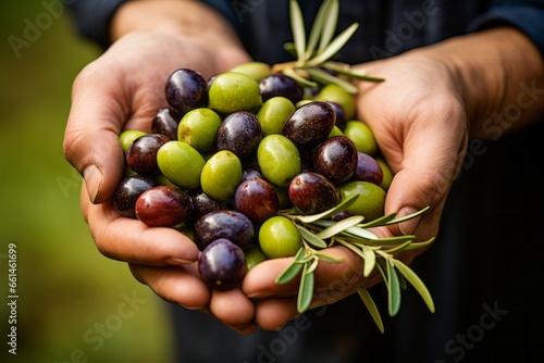Close-up of hands holding freshly picked olives, highlighting organic agriculture and sustainability.