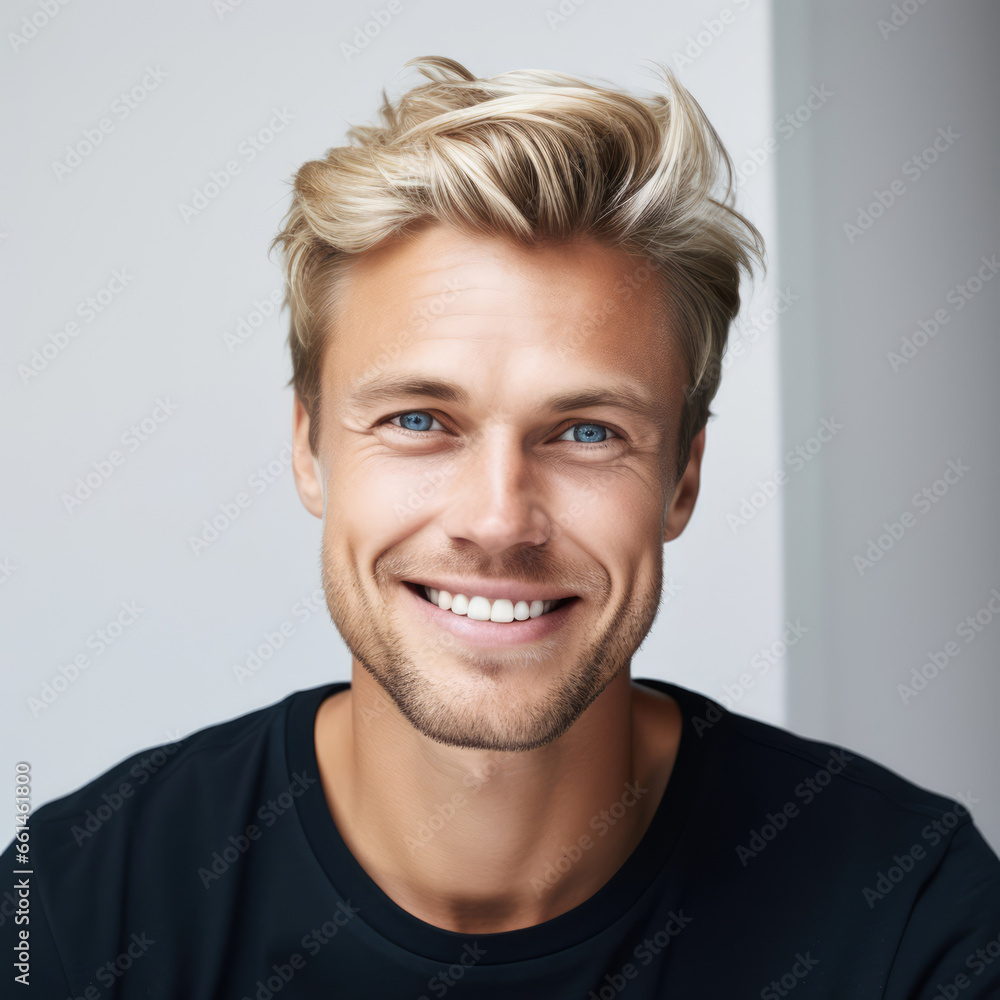 a closeup photo portrait of a handsome blonde scandinavian man smiling with clean teeth. for a dental ad. guy with fresh stylish hair with strong jawline. isolated on white background a closeup photo portrait of a handsome blonde scandinavian man smiling with clean teeth. for a dental ad. guy with fresh stylish hair with strong jawline. isolated on white background