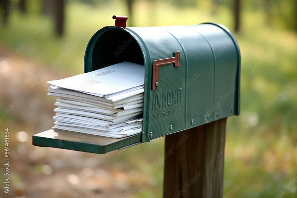 A rural mailbox is overflowing with an assortment of mail, including letters, bills, and various types of unsolicited mail, indicating either neglect or a busy recipient. A rural mailbox is overflowing with an assortment of mail, including letters, bills, and various types of unsolicited mail, indicating either neglect or a busy recipient.