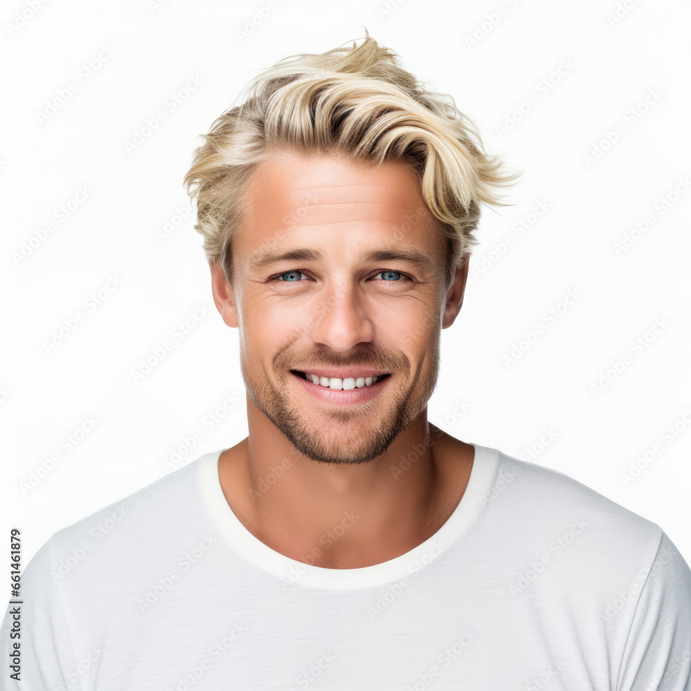a closeup photo portrait of a handsome blonde scandinavian man smiling with clean teeth. for a dental ad. guy with fresh stylish hair with strong jawline. isolated on white background a closeup photo portrait of a handsome blonde scandinavian man smiling with clean teeth. for a dental ad. guy with fresh stylish hair with strong jawline. isolated on white background