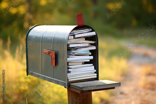 A rural mailbox is overflowing with an assortment of mail, including letters, bills, and various types of unsolicited mail, indicating either neglect or a busy recipient. photo