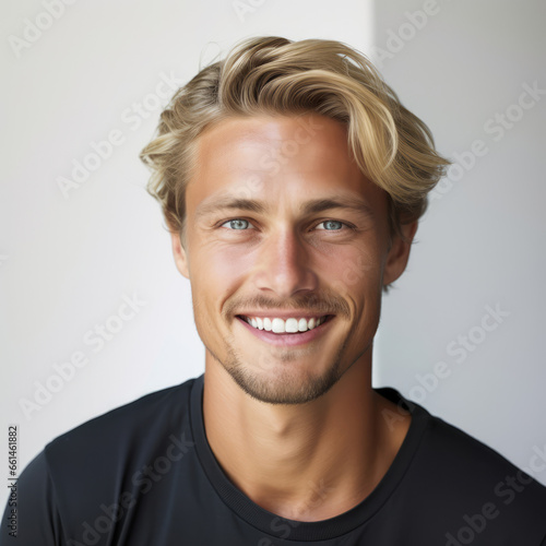 a closeup photo portrait of a handsome blonde scandinavian man smiling with clean teeth. for a dental ad. guy with fresh stylish hair with strong jawline. isolated on white background