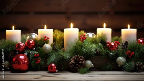 festive Christmas decor  incorporating vibrant fir branches  sparkling ornaments  and candles aglow on a wooden background. This composition convey the heartwarming essence of the season.