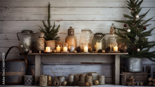 festive Christmas decor using lush fir branches, charming ornaments, and softly glowing candles on a clean white wooden background. the holiday spirit with this picturesque composition.