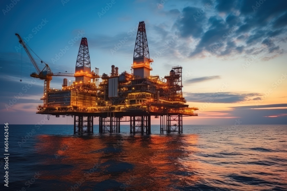 Offshore drilling for gas and petroleum. Oil platform oil rig or offshore platform. Sunset picture.
