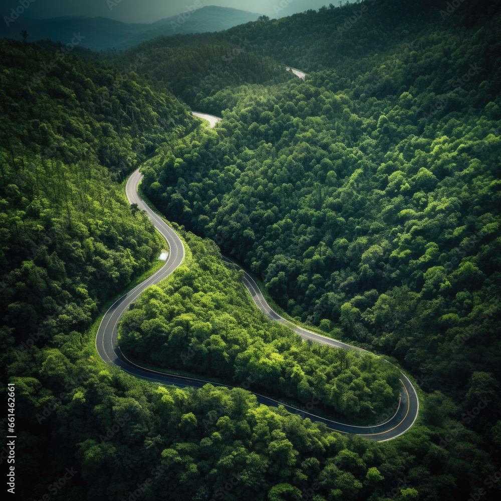 Aerial view of a road in the middle of the forest , road curve up to mountain