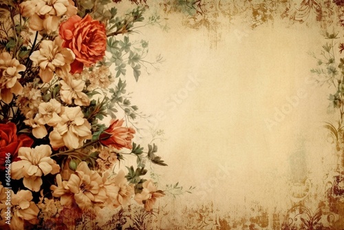 Old-fashioned flower border on aged paper backdrop. Generative AI