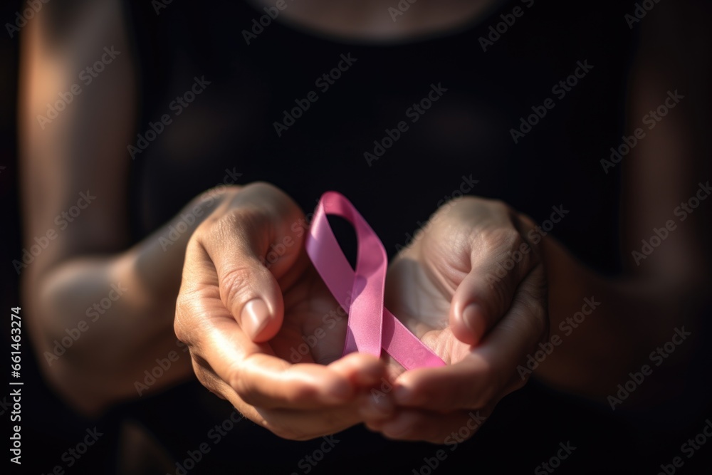 Hands holding a pink ribbon, the international symbol of breast cancer awareness. Hands holding a pink ribbon, the international symbol of breast cancer awareness.
