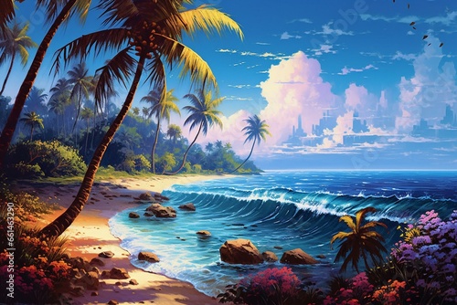 A vibrant and colorful image of a tropical paradise with palm trees, pristine beaches, and serene blue waters. Generative AI