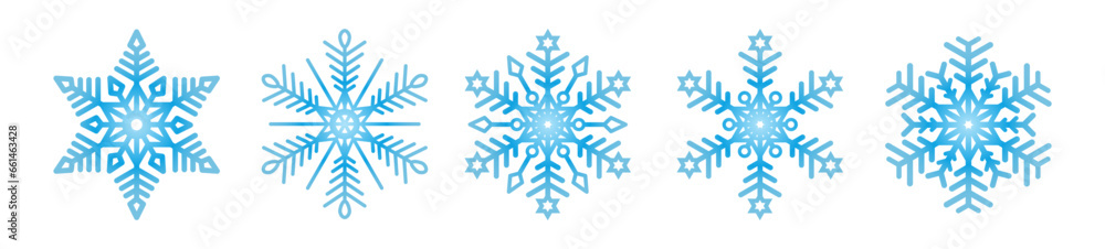 Blue snowflakes on a white background for winter design. A set of five snowflakes. A symbol of Christmas and New Year. Vector EPS 10. Blue snowflakes on a white background for winter design. A set of five snowflakes. A symbol of Christmas and New Year. Vector EPS 10.