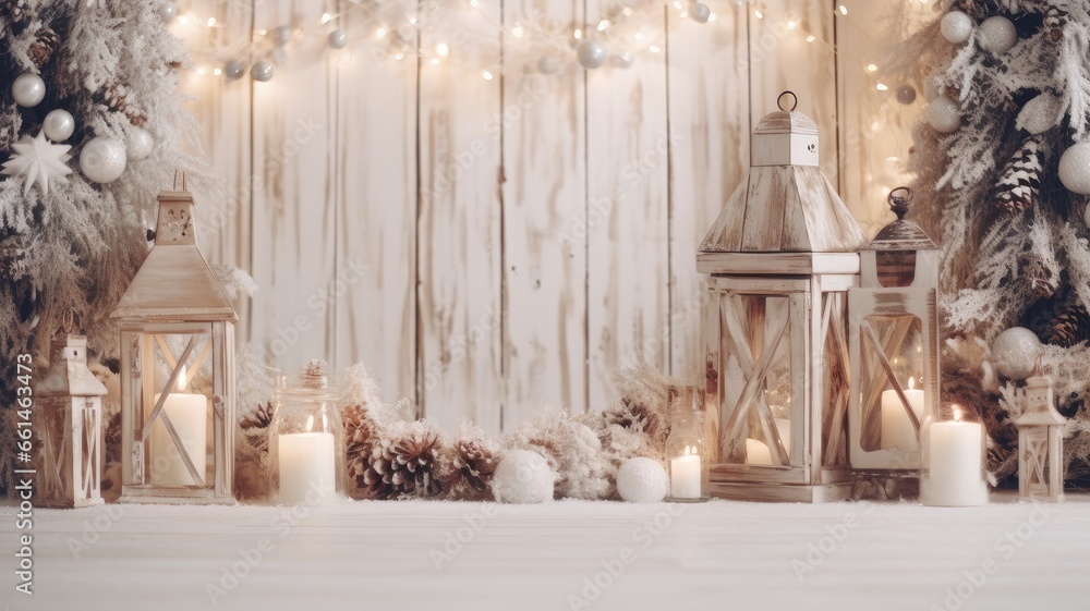 festive Christmas decor using lush fir branches, charming ornaments, and softly glowing candles on a clean white wooden background. the holiday spirit with this picturesque composition. festive Christmas decor using lush fir branches, charming ornaments, and softly glowing candles on a clean white wooden background. the holiday spirit with this picturesque composition.