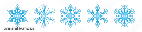 Blue snowflakes on a white background for winter design. A set of five snowflakes. A symbol of Christmas and New Year. Vector EPS 10.